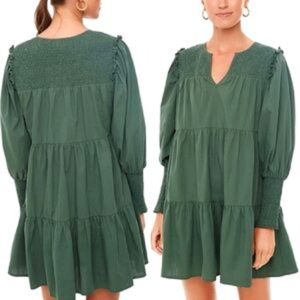 Pomander Place Size Small Ceci Smocked Tiered Green Dress V-Neck Boho Hippie